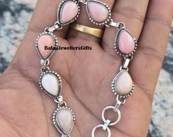 Natural Pink Pear Gemstone, 925 Sterling Silver, Handmade Woman Jewellery, Oval Shape Bracelet, Gift For Mom, Chic Bracelet, Birthday Gift,