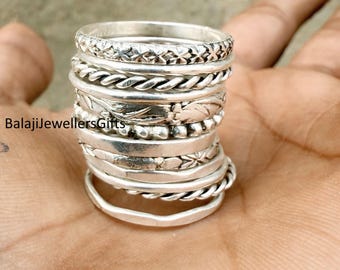 12  Set of Stakable Ring, 925 Sterling Silver, Handmade-Statement Rings, Hammered Rings, Women Rings, Engagement Rings, Thumb Rings,