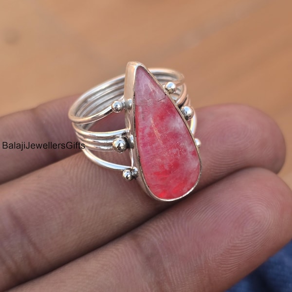 Handmade Pink Moonstone Ring: Sterling Silver Boho Ring