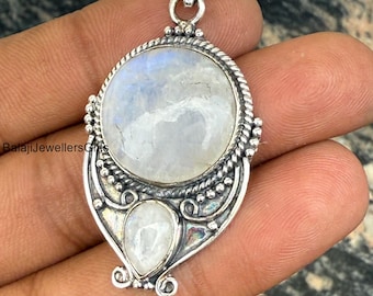Handmade Sterling Silver Rainbow Moonstone Pendant: Boho Jewelry