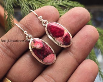 Pendientes hechos a mano de rosa roja, dahlia y turquesa: plata de ley estilo boho ovalado