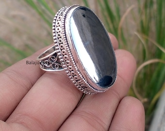 Hematit ädelstensring, oval ring, 925 sterlingsilver, bohemisk handgjord ring, stor stenring, bröllopspresent, kärlekspresent, kvinnaring,