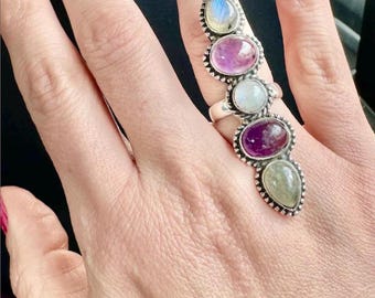 Handmade Sterling Silver Amethyst Moonstone Labradorite Statement Ring