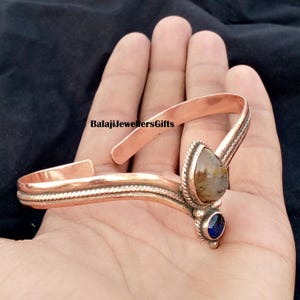 Brazalete ajustable con piedra preciosa de labradorita azul y zafiro, piedra en forma de pera, brazalete de cobre macizo 100%, brazalete hecho a mano, brazalete elegante.