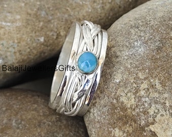 Larimar Gemstone Ring, 925 Sterling Silver Ring, Spinner Ring, Meditation Ring, Handmade Ring, Boho Ring, Anxiety Ring, For Women Gift, B817