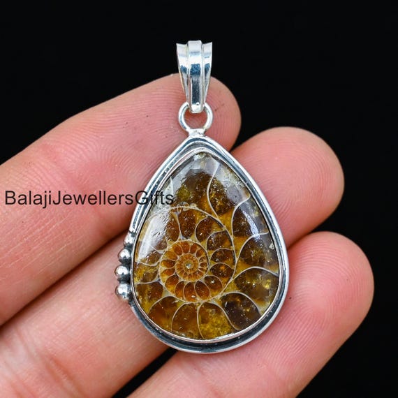 Ammonite 925 Sterling Silver Pendant: Boho Pear Jewelry