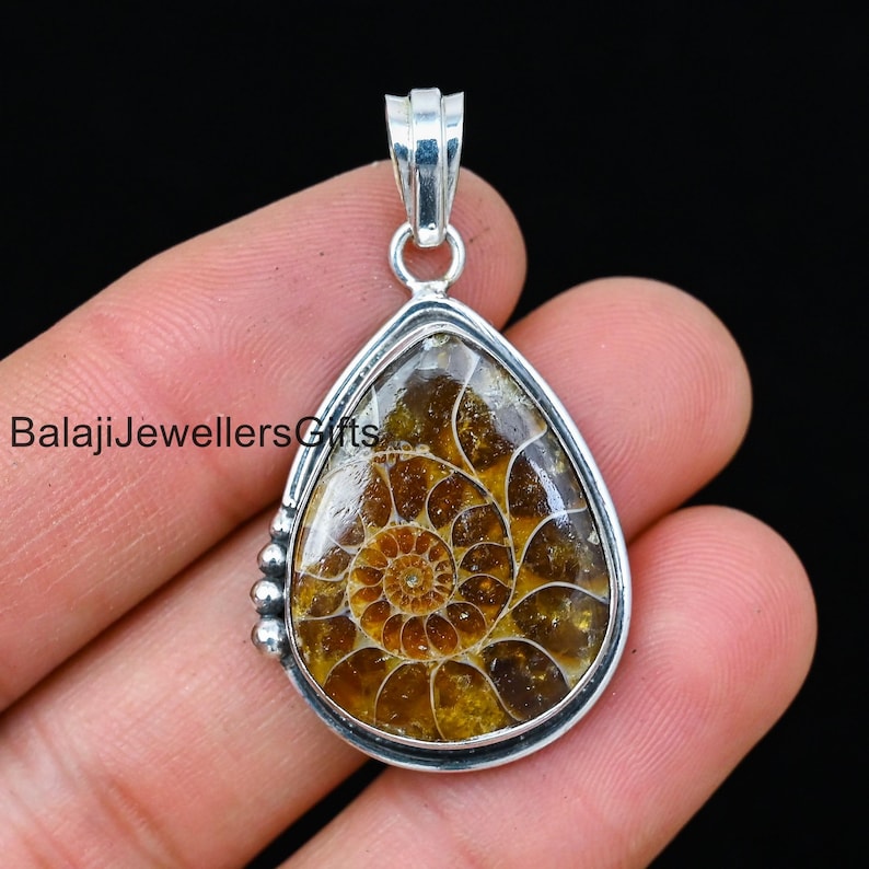 May include: A silver pendant featuring a fossilized ammonite in a teardrop shape. The ammonite is brown and gold with a spiral pattern. The pendant is approximately 2 inches long.