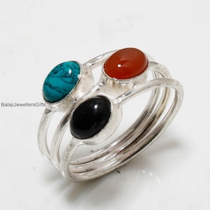 Turquesa azul y ónix, piedra preciosa de cornalina en plata de ley 925, joyería hecha a mano para mujer, anillo ovalado, anillo de tres piedras, anillo bohemio.