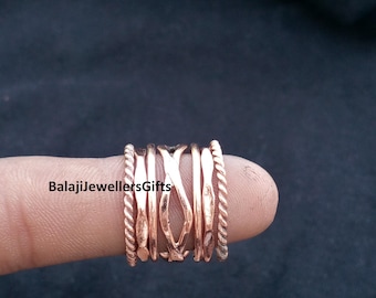7 anelli impilabili in filo di rame, anello in rame massiccio al 99%, anello a fascia in rame, anello da donna fatto a mano, anello in rame intrecciato e liscio, anello minimalista,