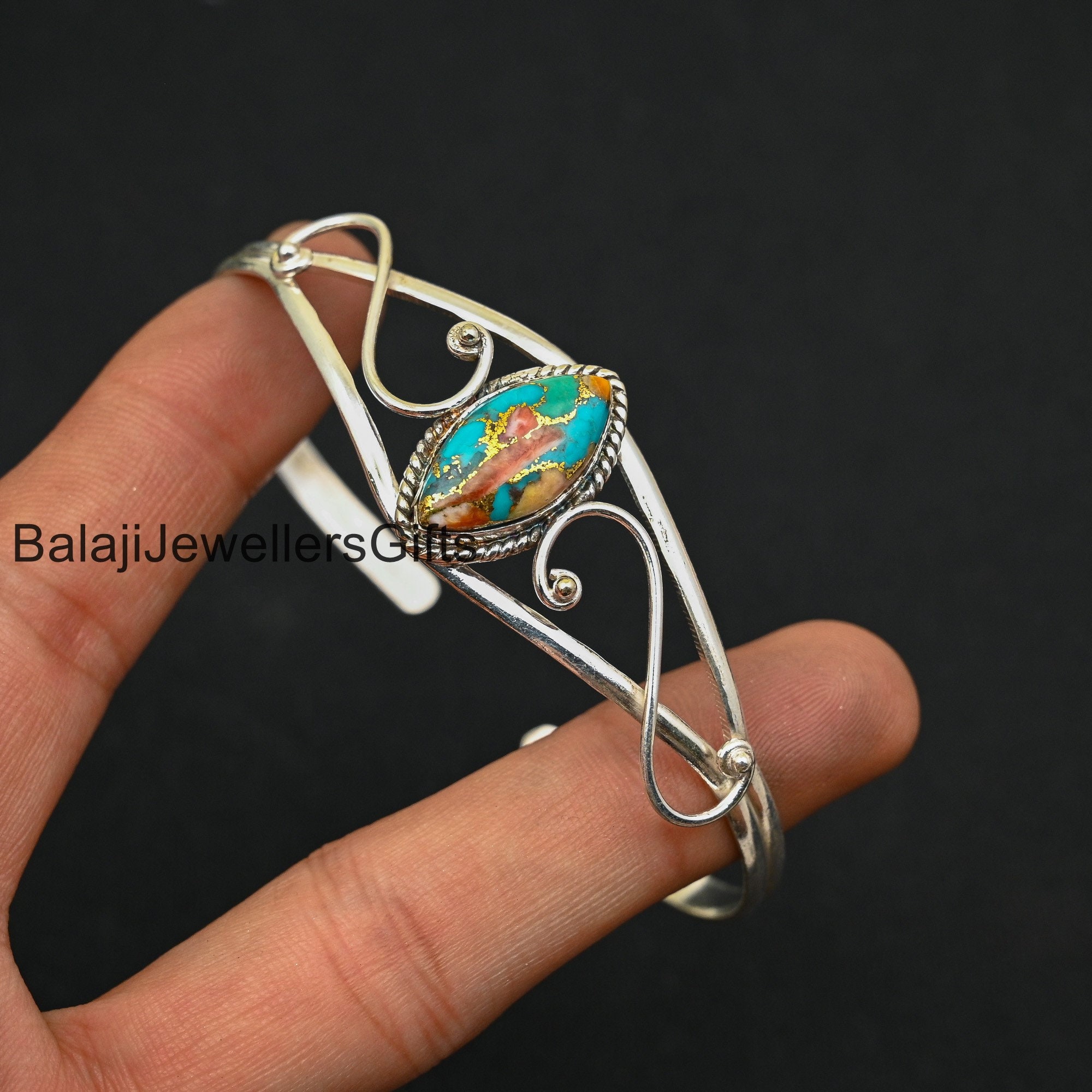 オイスターターコイズジェムストーンバングル、925スターリング