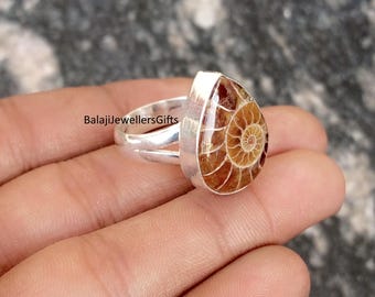 Ammonit Fossil Edelstein Ring, 925 Sterling Silber Ring, handgemachte Frauen Schmuck, Geburtstagsgeschenk, Boho Ring, Geschenk für Frau, Birne Form Ring