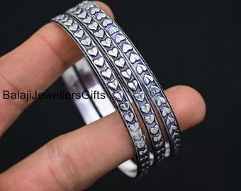 Set of 3 Bangles, 925 Sterling Silver Bangle, Heart Silver Bangle