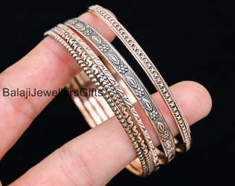 Designer Pure Copper Bangle, Set of 5 Bangles, Gift For Women, Stacking Copper Bangle, Solid Copper Jewellery, Handmade Bangle, Healing Gift
