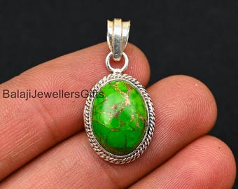 Ciondolo in argento con turchese verde naturale, ciondoli in argento sterling 925, regalo fatto a mano, ciondolo in turchese di rame, ciondoli boho, regalo per donne