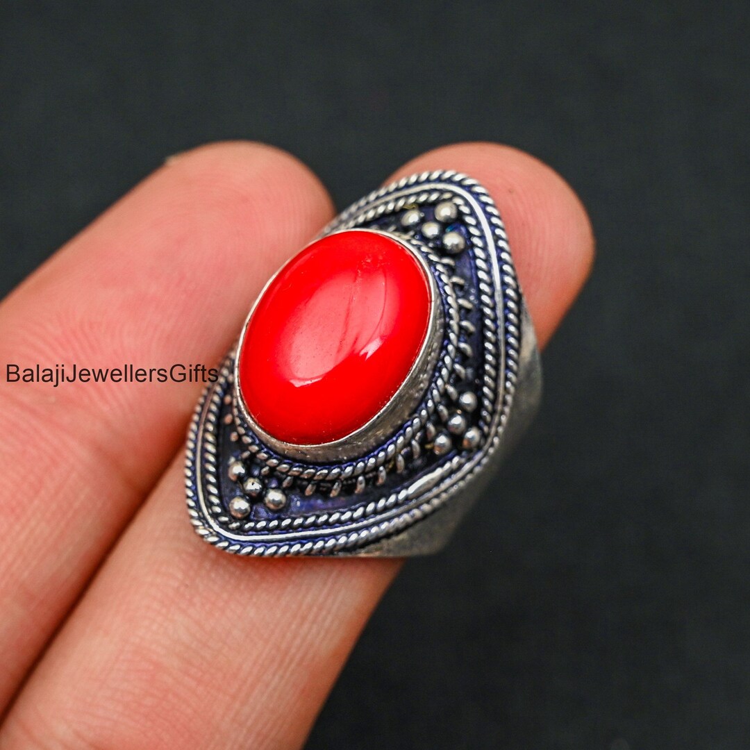 Handmade Red Coral Ring: Oval Gemstone, 925 Sterling Silver, Boho ...