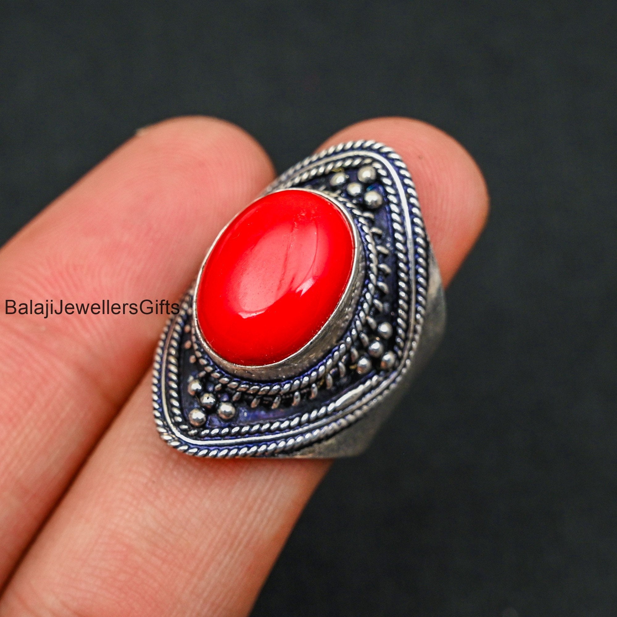 Natural Red Coral (Marjaan) Gemstone Ring in 925 Silver Natural Red Coral (Marjaan) Gemstone Ring in 925 Silver