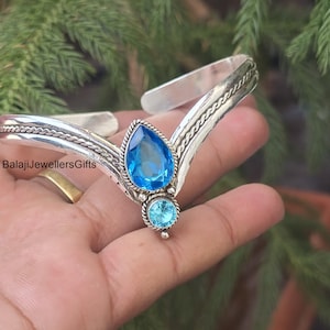Blå Topas Armring: Handgjord 925 Sterling Silver Manschett - Boho Style