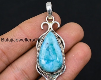 Handmade Pear Larimar Pendant: Boho 925 Sterling Silver Jewelry