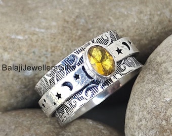 Citrien Edelsteen Ring, 925 Sterling Zilveren Ring, Maan Ster Spinner Ring, Handgemaakte Ring, Meditatie Ring, Voor Vrouwen Gift, Angst Ring, B859