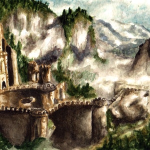 May include: A watercolor painting of a stone castle perched on a cliff overlooking a misty valley. The castle is built of gray stone with brown accents and has a tall tower. The valley is filled with fog and the distant mountains are covered in snow.