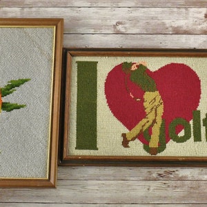 Golf Themed Needle Point Signs  Lady Golfer or Male Golfer- Vintage Embroidery