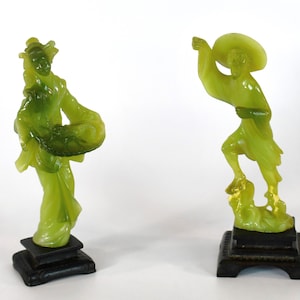 Pair of Vintage Resin Jade Like Chinese Figurines - Made In Italy