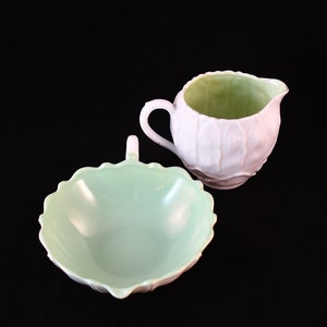 A Beautiful Vintage White and Mint Green Delicate Sugar Bowl & Creamer Set