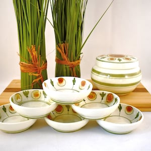Seven Piece Serving Set - Includes Six Adorable Asian Condiment Mini Bowls and One Large Bowl with Matching Lid