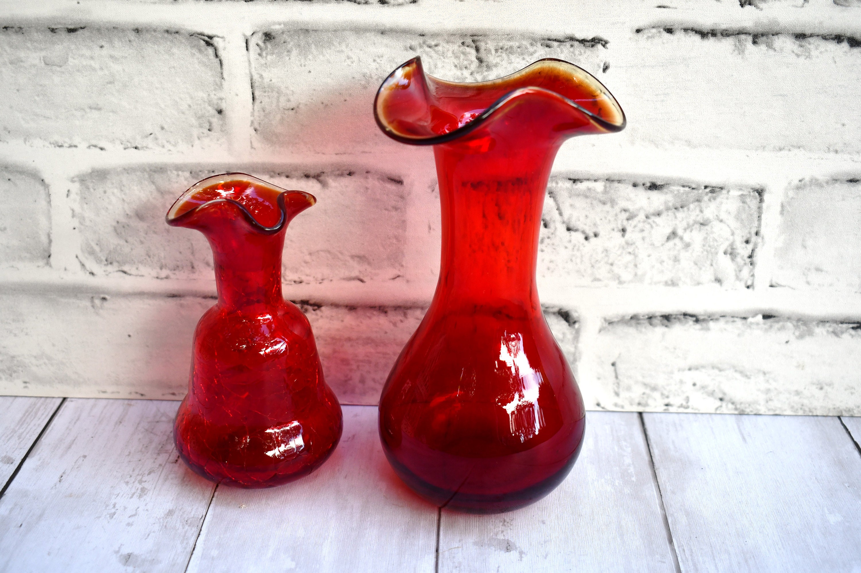 Set of Two Elegant Red and Gold Glass Vases Etsy