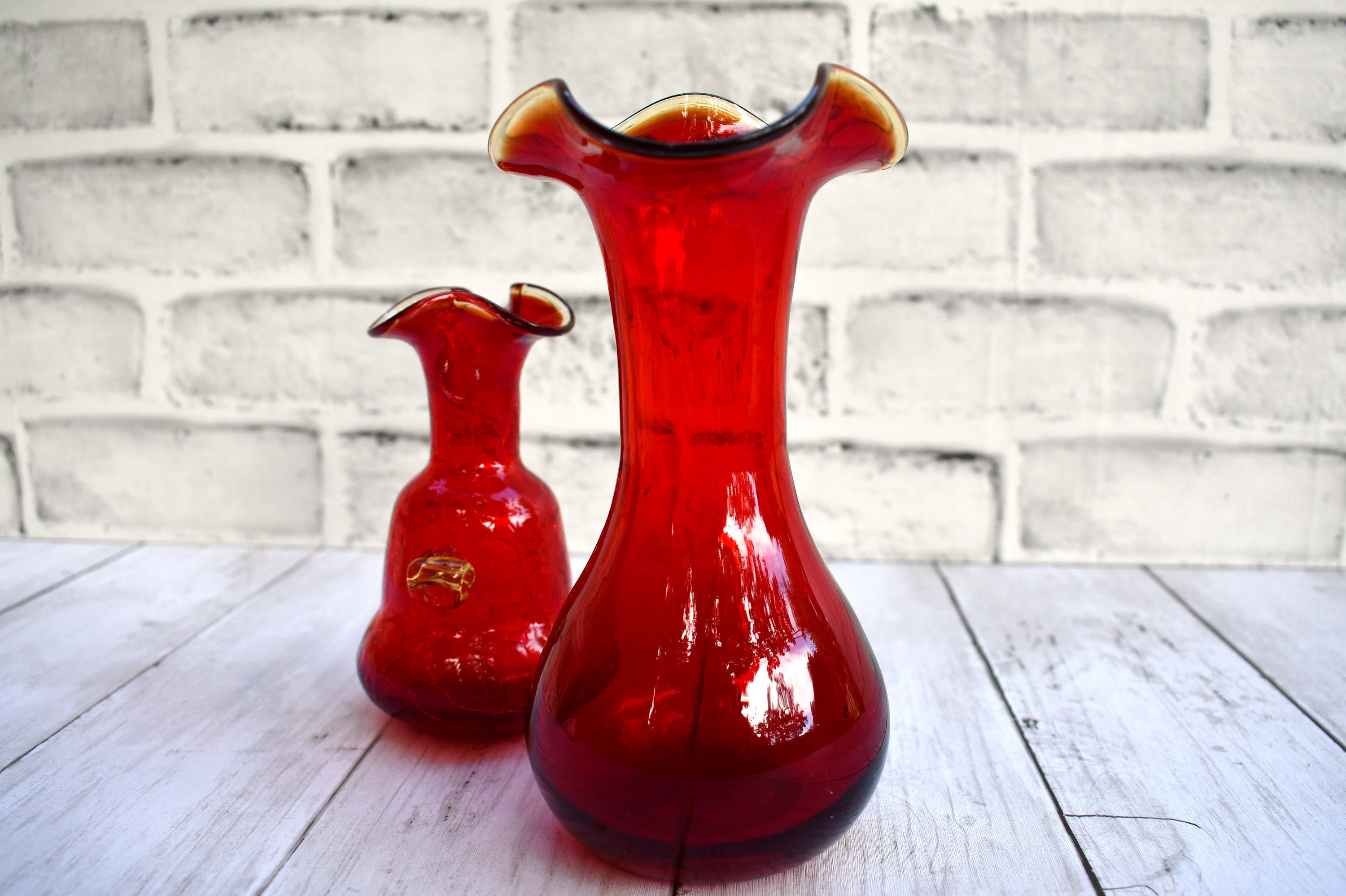 Set of Two Elegant Red and Gold Glass Vases Etsy