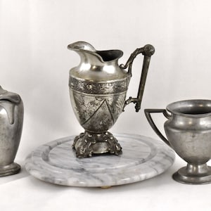 Antique Victorian Simpson Hall Miller Silver Plate Creamer Pitcher, Crescent Pewter Creamer or Alloy Art Pewter Sugar Bowl
