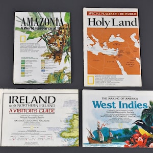 cartes de voyage pliées National Geographic vintage, Antilles, Irlande, Terre Sainte ou Amazonie