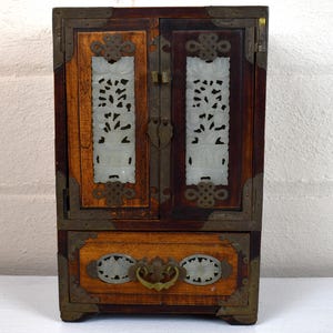 Vintage Chinese Rosewood Jewelry Trinket Box with Jade Panels and Ornate Brass Fittings - 5 Drawers