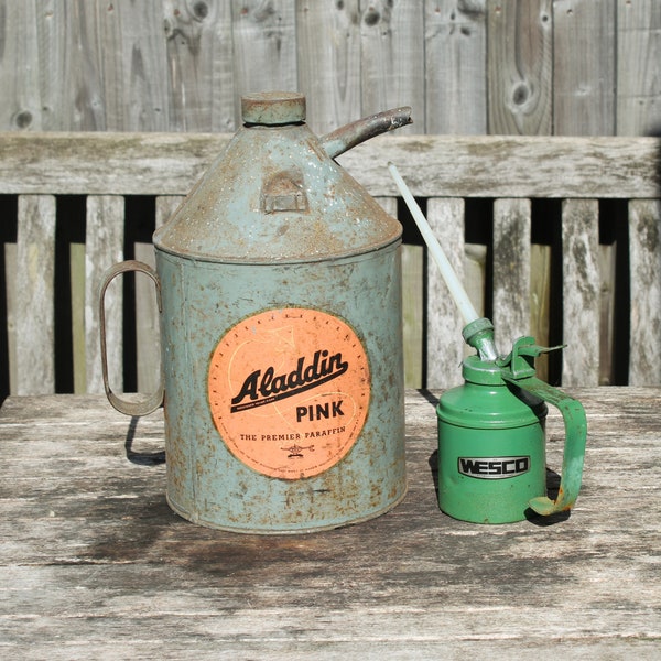 Vintage Original Green Metal 1950's Wesco Oil Can • Vintage Aladdin Paraffin Can