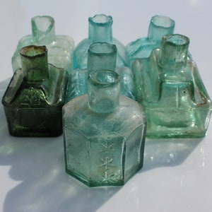 Antique Glass Inkwell • Vintage Green Glass Inkwell • Small Hexagonal Green Glass Ink Bottle • Perfect Gift For Writer • Bud Vase