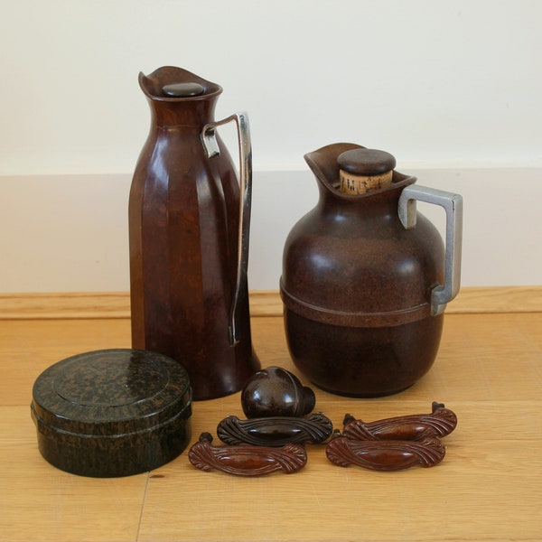 Art Deco Bakelite Flasks • Vintage Bakelite Cork Stopper England 1925 • Bakelite Door Knob & Drawer Handles • Art Deco Bakelite Pot