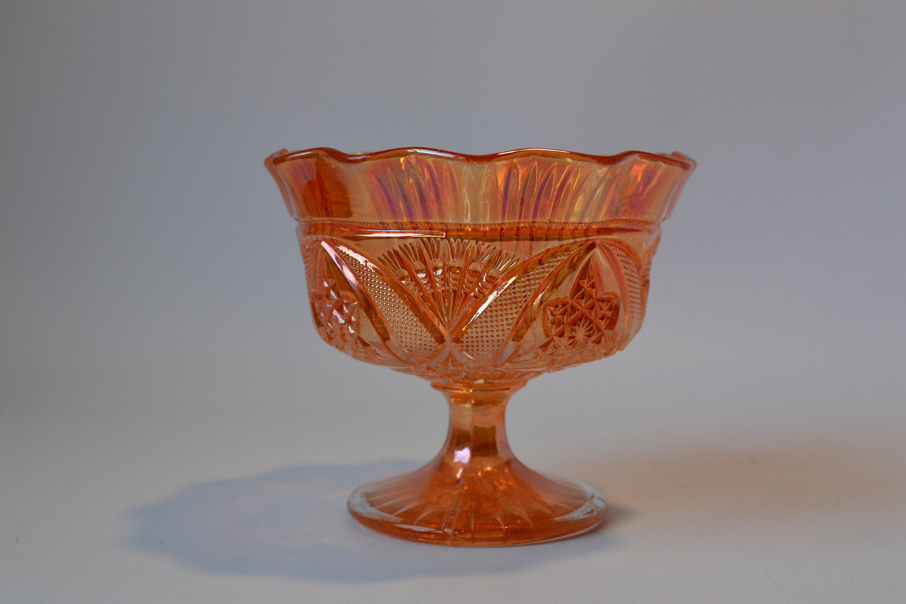 Vintage Iridescent Orange Carnival Glass Footed Bowl, Excellent