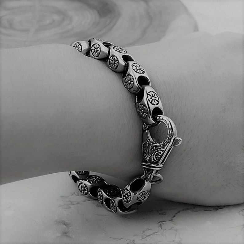 Flower Power Vintage Chain Stainless Bracelet 316L Steel Retro Hippie Box Chain Men Women Wristband Bracelet