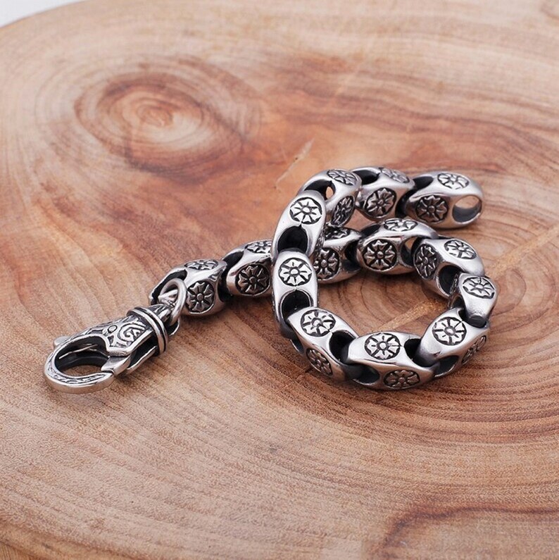 Flower Power Vintage Chain Stainless Bracelet 316L Steel Retro Hippie Box Chain Men Women Wristband Bracelet