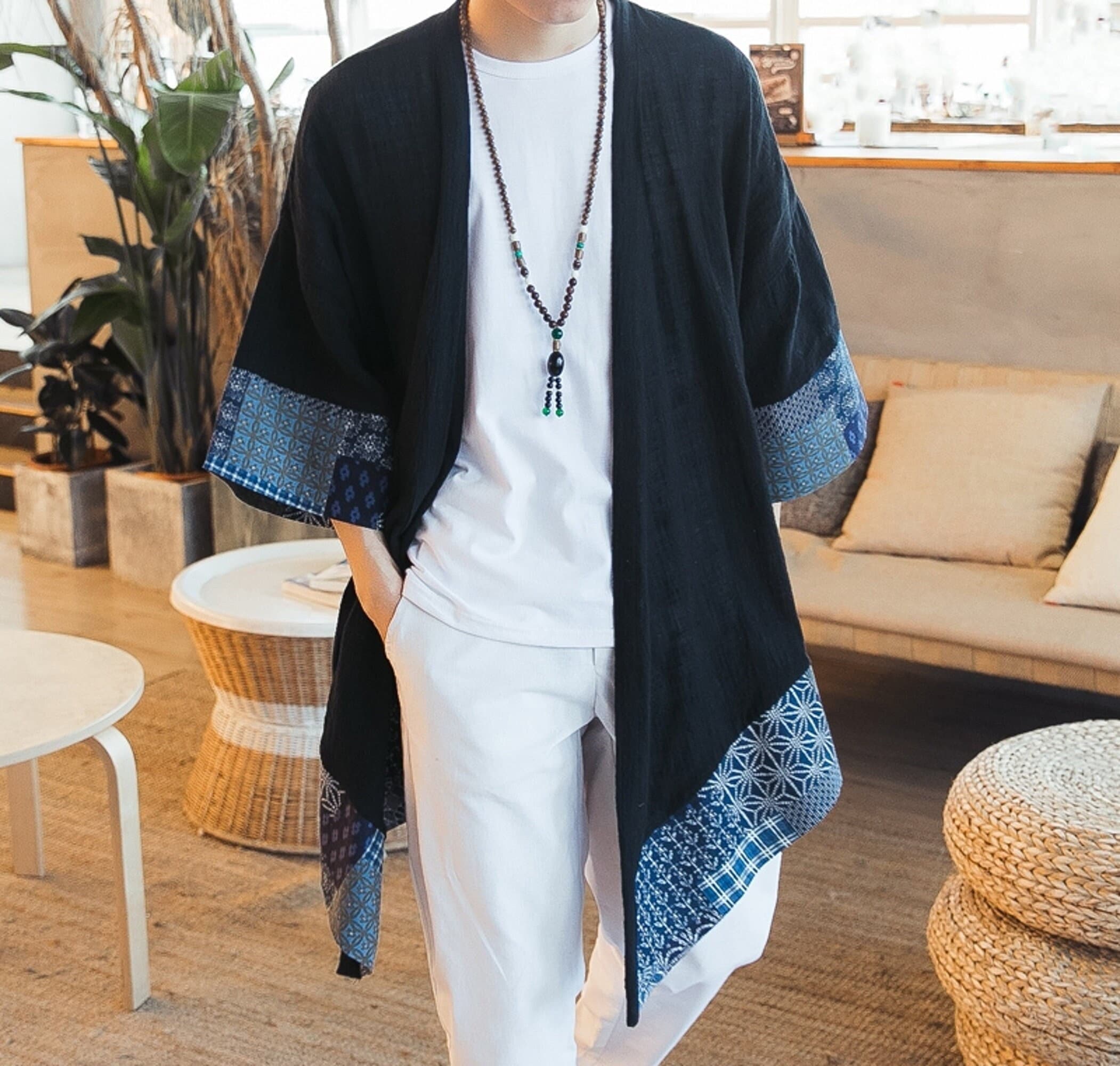 Linen Cotton Kimono Men Cardigan Robe Haori Loose Indoor -  Israel