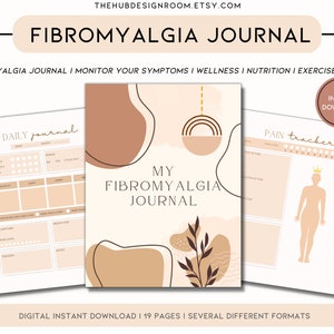 Op de afbeelding: Een digitaal printbaar dagboek voor het bijhouden van fibromyalgie-symptomen. De omslag heeft een abstract ontwerp met bruine en perzikkleurige vormen en een bruine, bladerrijke tak. De tekst "My Fibromyalgia Journal" staat in het midden van de omslag.