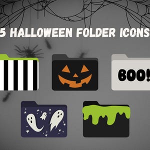 Puede incluir: Se muestran cinco iconos de carpetas de Halloween sobre un fondo gris con telarañas y arañas. Los iconos incluyen una carpeta a rayas blancas y negras, una carpeta de calabaza, una carpeta con "BOO!" y dos carpetas con temática de fantasmas.