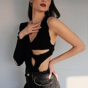 Upcycled Hollow Out Bodysuit: Backless One-Shoulder Knit