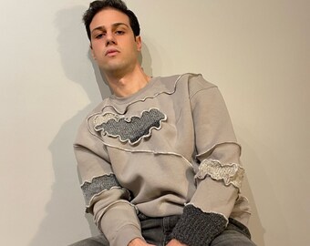 Upcycled Gray Sweatshirt: Unisex Expose Stitch Designer Pullover