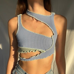 Natacha Blue and Pastel Green Cut Out Top /Bra Top / Subversive Clothing/ Rave Streetwear Festival Clubwear /Open Side Top/ Undeboob Top