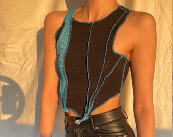 Layla Black and Blue Crop Top / One Of A Kind Sustainable Fashion / Slow Eco Fashion