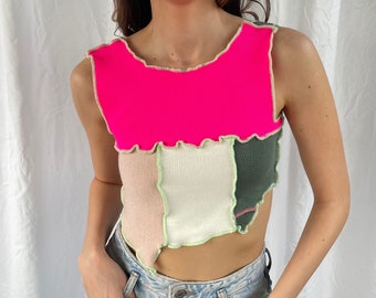 Bexley Colorful Lettuce Edge Crop Top/ Asymmetrical Pink, Green and White Top, Contrast stitch Y2K Crop Top, Colour Block, Casual Streetwear