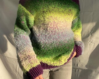 Hand Knit Off Shoulder Sweater: Purple and Green Pullover