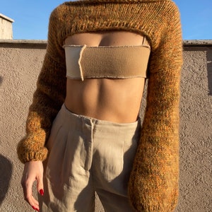 Hand Knit Riley Extra Cropped Sweater, Brown Shrug image 3