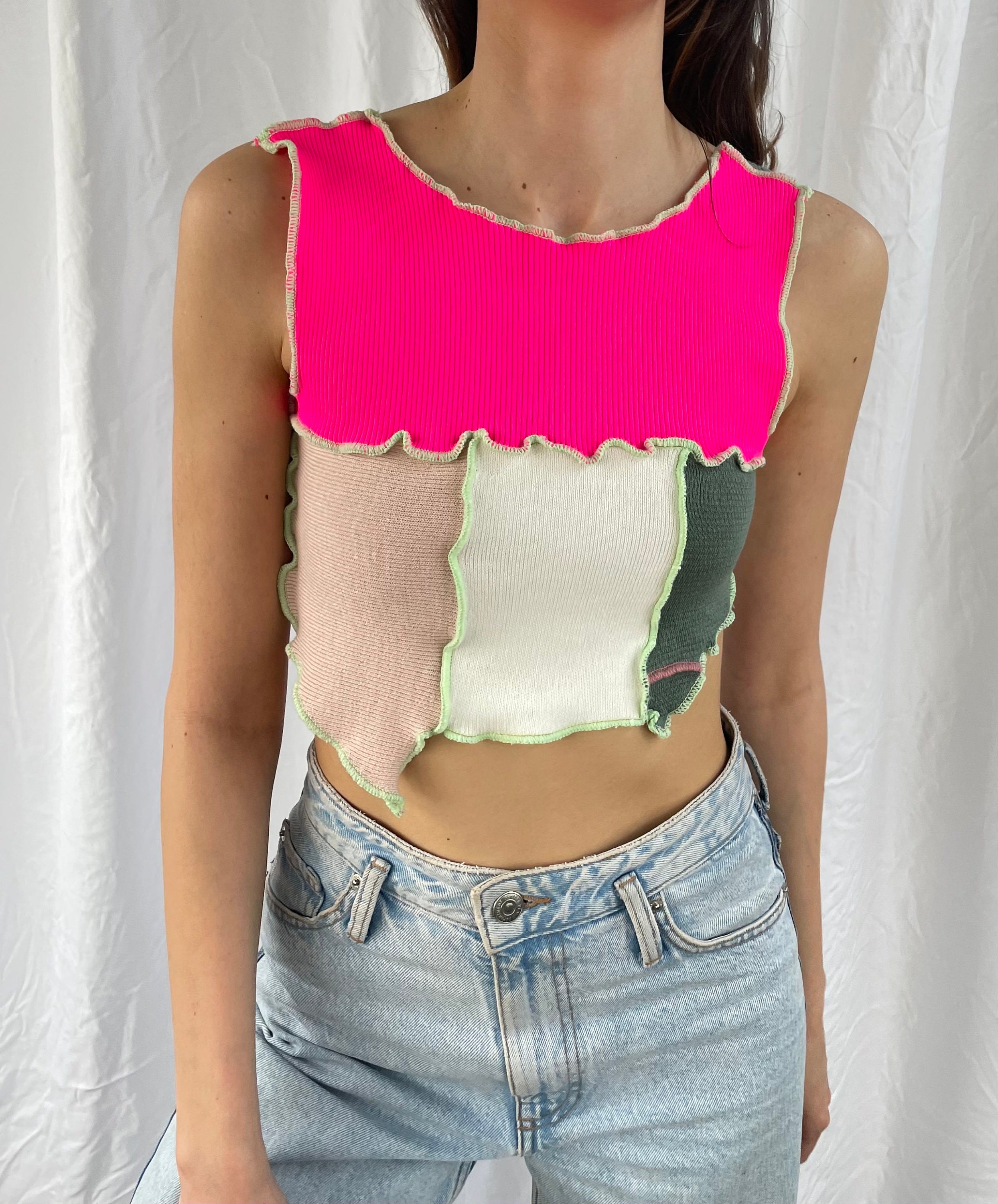 Upcycled Patchwork Crop Top: Asymmetrical Lettuce Edge Y2K